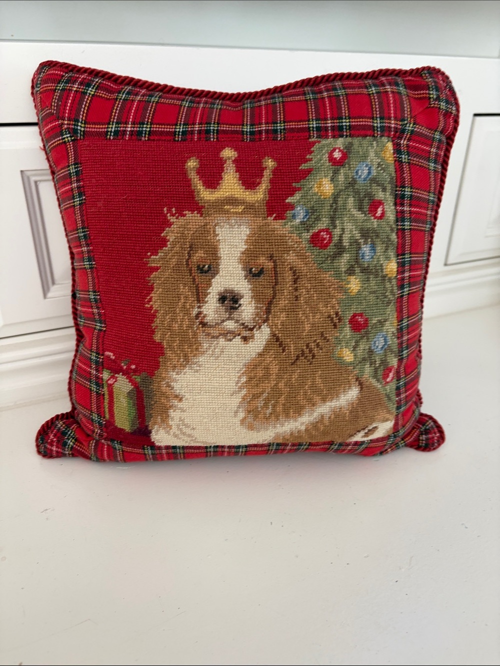 Vintage Bombay Co. Plaid Cavalier King Charles dog & Tree needlepoint Pillow